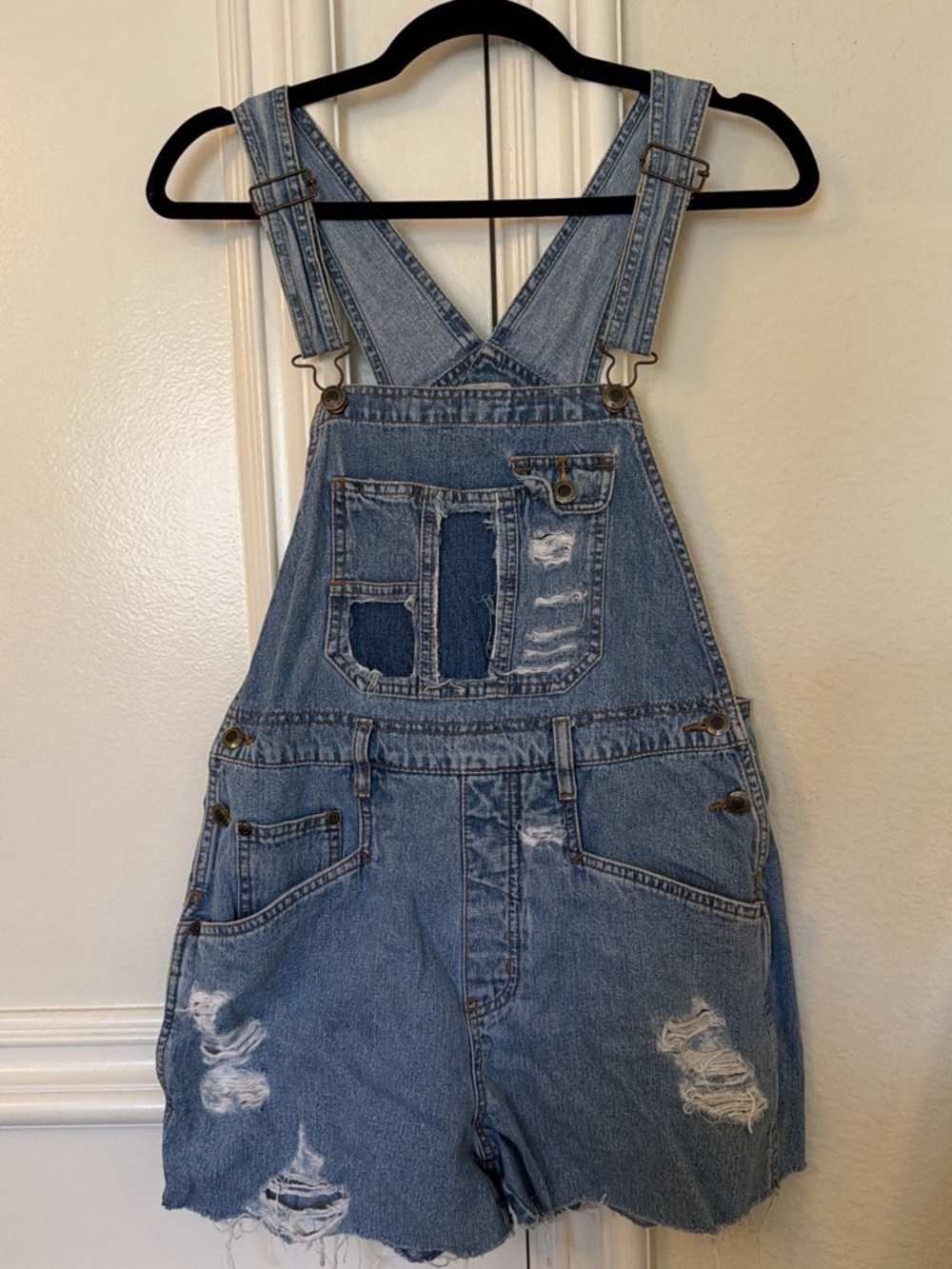 Distressed Denim Short Overalls